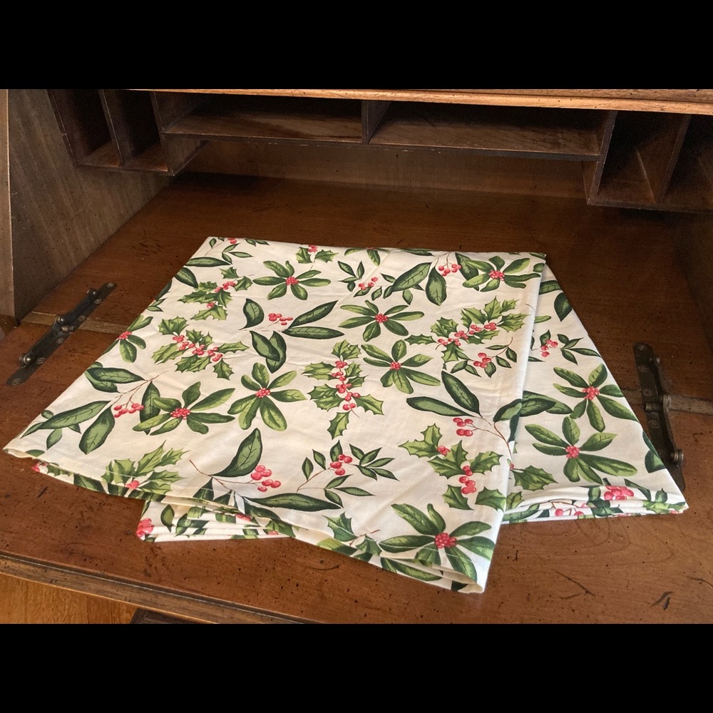 Beautiful 56” Square Christmas Tablecloth. Beige Cotton Fabric with red, green
